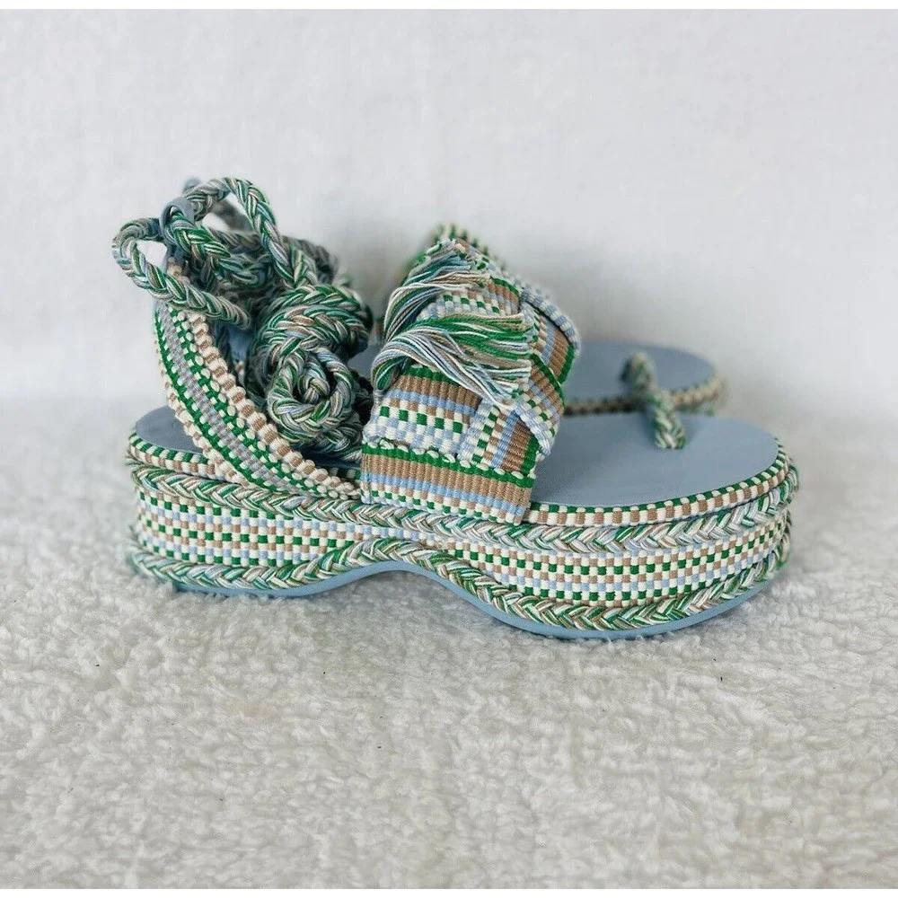 Anthropologie Amambaih Women Manuela Green Blue Strappy Wedge Sandals Sz 38/7 US